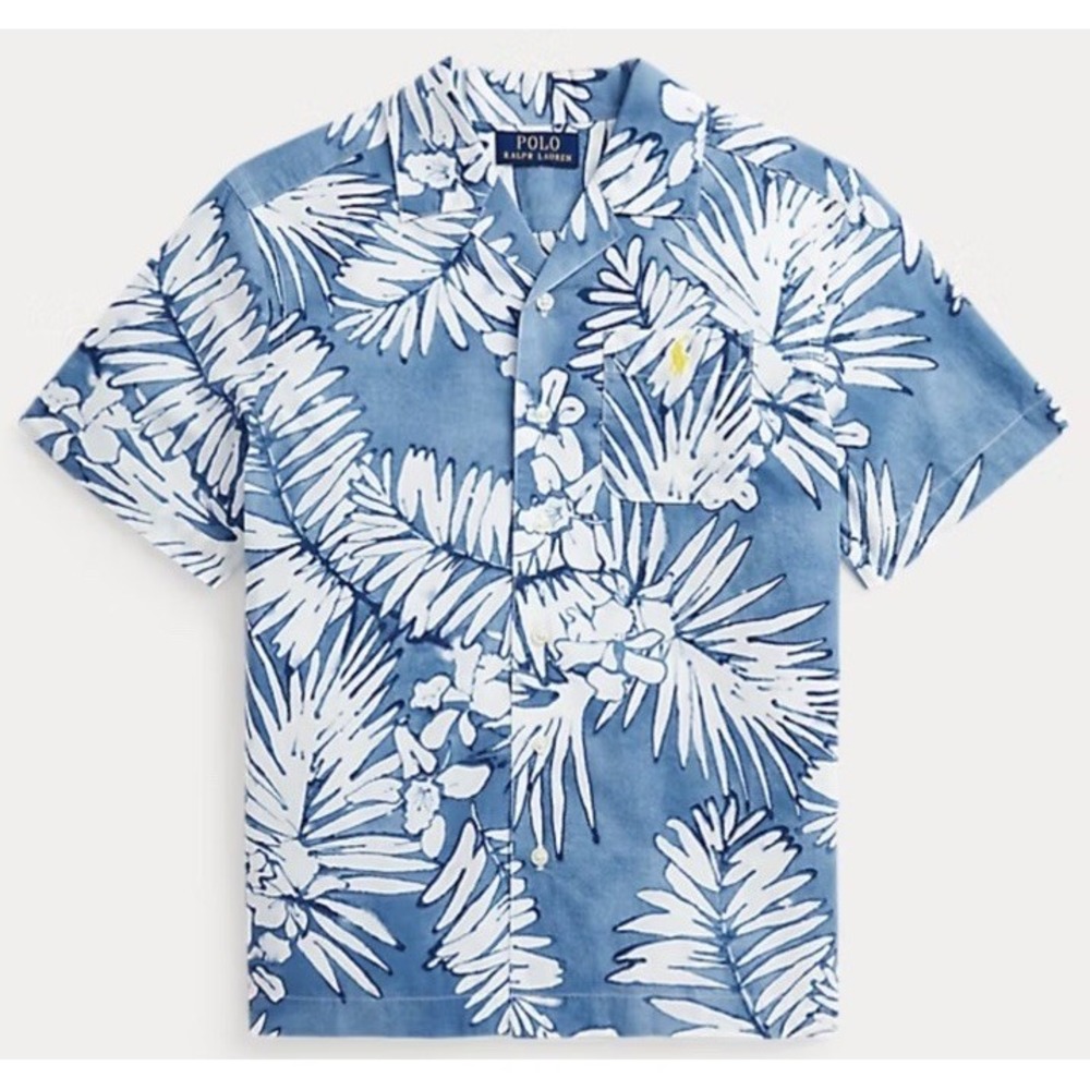 Polo Ralph Lauren Palm Frond Print Cotton Linen Camp Shirt Boys Kids Large 8/10